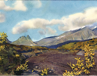 Kamchatka watercolor landscape