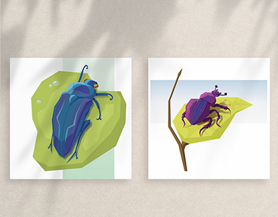 Flat illustrations with beetles for postcards