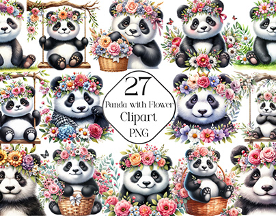 Panda with Flower Crowns Clipart PNG