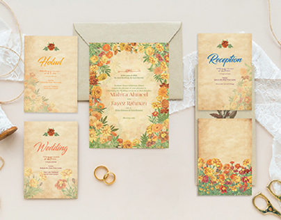 Wedding invitation Card Design with Marigold Flower