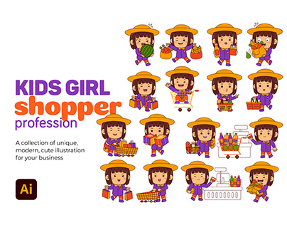 Kids Girl Shopper Profession Vector Pack