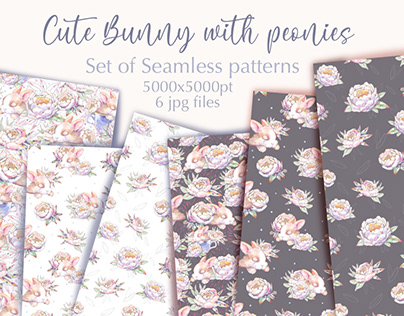Cute bunny with peonies. Seamless pattern