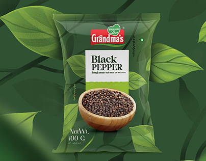 Black pepper package design done for grandma's foods