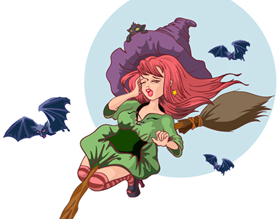 Beautiful woman witch flies on broom