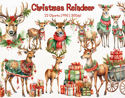 Christmas Reindeer Watercolor Clipart