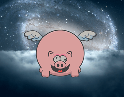 Cartoon Flying Pig hovering on fantasy Sky