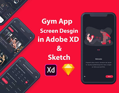Gym App screen design in XD software and sketch.