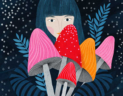 woman with a bouquet of mushrooms illustration