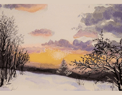 Kotlina Kłodzka - winter landscape, watercolor