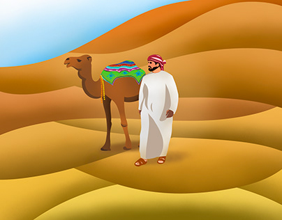 Sheikh with a camel in the desert illustration art