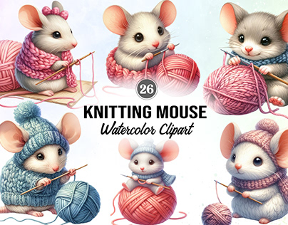 Knitting Mouse Watercolor Clipart