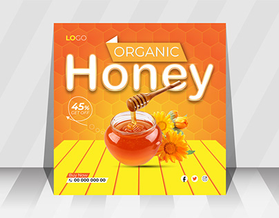 Social media post design for organic honey advertising.