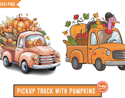 Pickup Truck With Pumpkins Water Color PNG