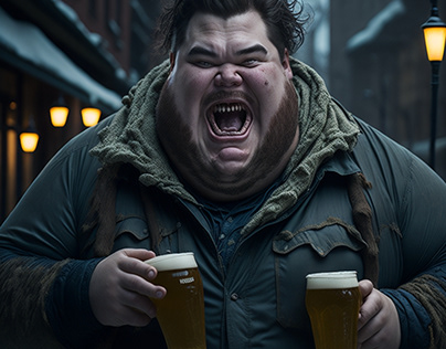 Fat man enjoying beer in winter
