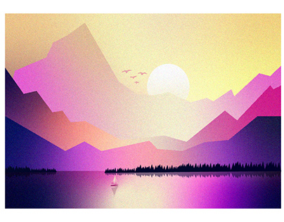 Sunset in the mountains | Boat | Landscape Illustration
