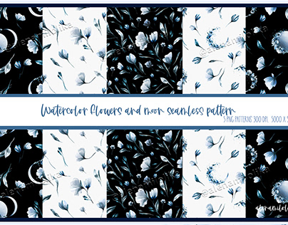 Watercolor floral patterns Black flower Digital paper