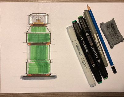 Plastic water bottle sketching and rendering.