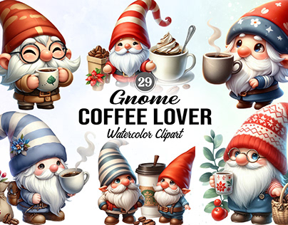 Coffee Lover Gnome Watercolor Clipart