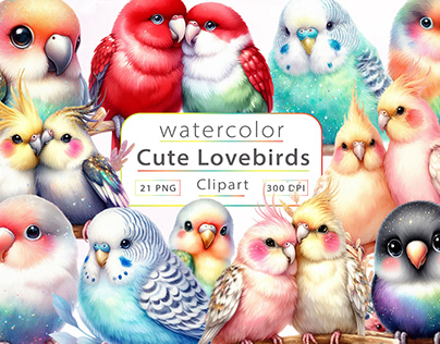 Watercolor Lovebirds Clipart Set
