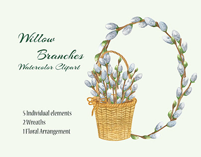Watercolor pussy willow branch clipart