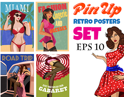 Pin Up Girl retro posters set