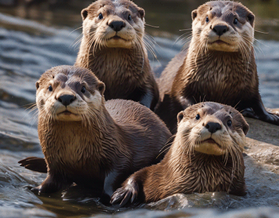 A trio of otters, playfully sliding down a riverbank