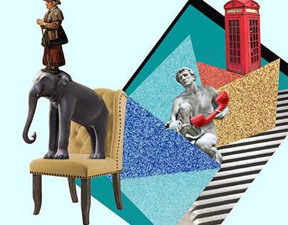 collage with elephant and phone booth