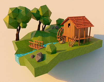 Low Poly. The scene with the mill.