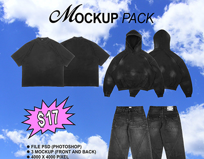 MOCKUP PACK (T-SHIRT VINTAGE,HOODIE,STONE FADED JEANS)