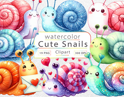 Cute Snails Watercolor Clipart