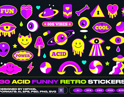30 Funny Acid Retro Stickers