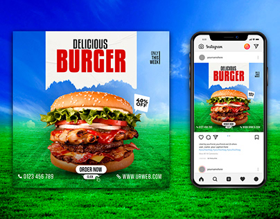 Delicious burger social media post or promo banner