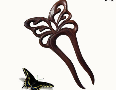Wooden Hair Fork Hair Stick Black Butterfly MariyaArts