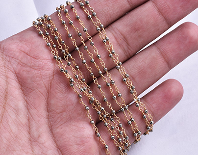 Natural Tiny Pyrite Rosary Gemstone Beaded Gold Chain