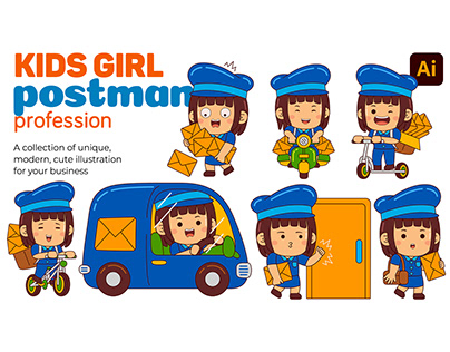 Kids Girl Postman Profession Vector Pack
