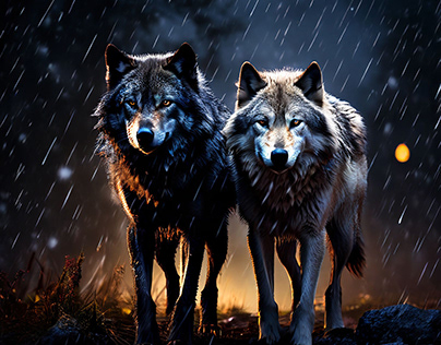 Two wolves in the rain