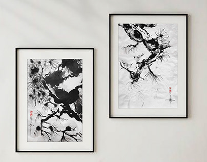 Monochrome ink artworks on rice paper