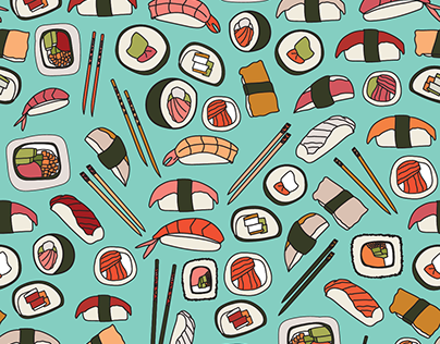 Repeat pattern with hand drawn sushi and chopsticks