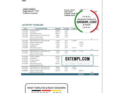 Germany N26 bank statement template in Word PDF format