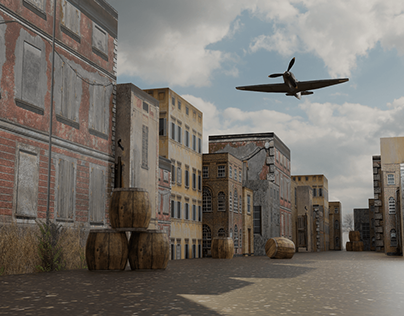 Spitfire flying over deserted city landscape