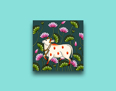 A Cow & Lotus Flowers - Pichwai Painting