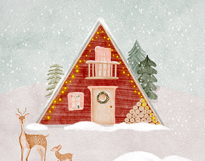 Frosty forest cabin illustration