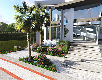 Residential landscape design(flowers, seating, walkway)