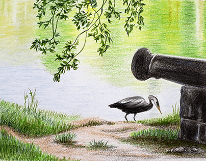 Cannon and Stork. Colored Pencil Drawing