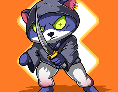 A scary cat with sword in hand.