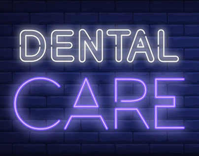 Dental care neon text with tooth and loupe