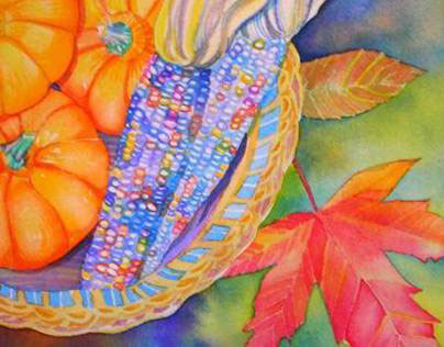 Autumn watercolor painting  Indian corn & leaves