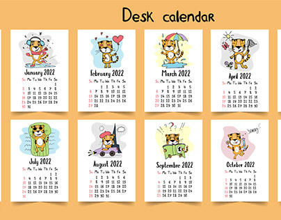 Calendar 2022. Simbol of year 2022 tiger.Doodle style.