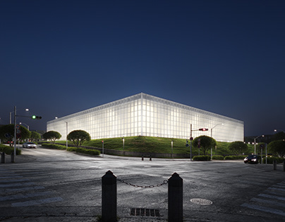 Exterior visualization of an exhibition center in Tokyo