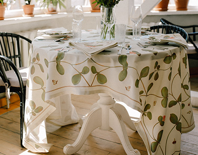 Tablecloth design. Bumblebees and honeysuckle.
